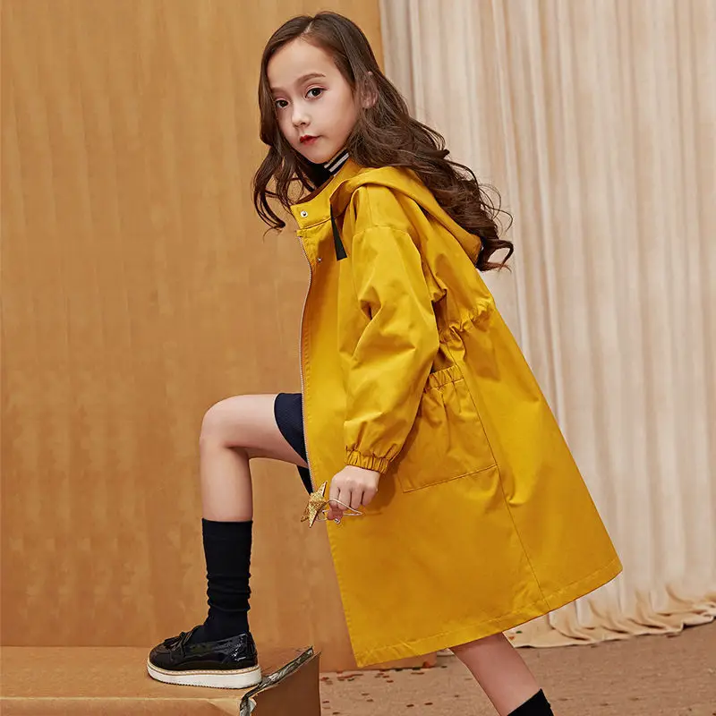 Baby Girl Windbreaker Outerwear Kids Spring Autumn Clothes Long Trench Coat Children Hooded Fashion  Jacket Teens Outer Clothing