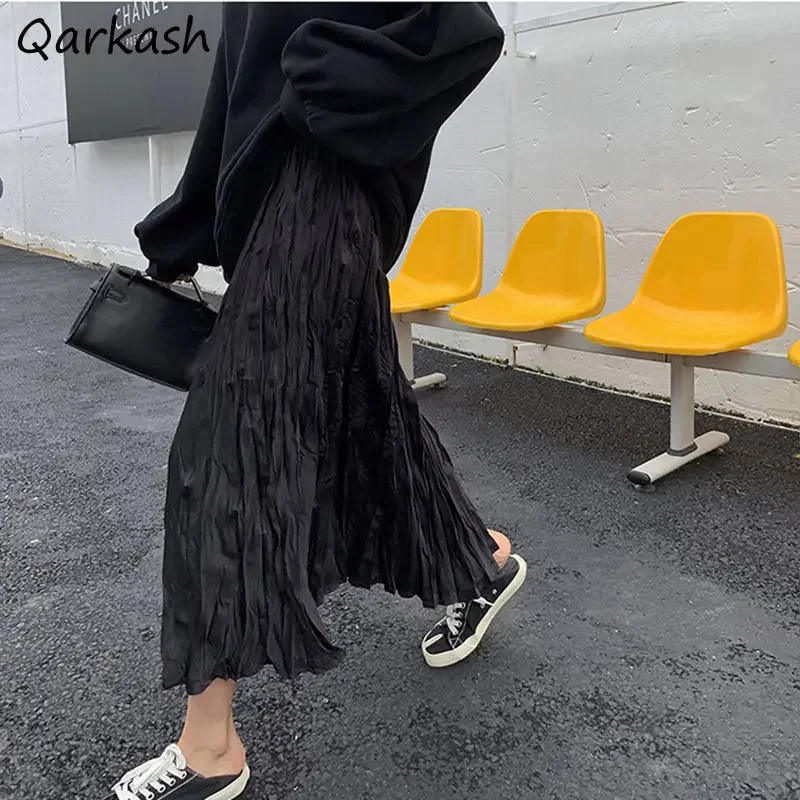 

Folds Skirts Women Midi Loose High Waist Korean Fashion Clothing Classic Ulzzang Chic Design Simple Pure A-line Harajuku Street