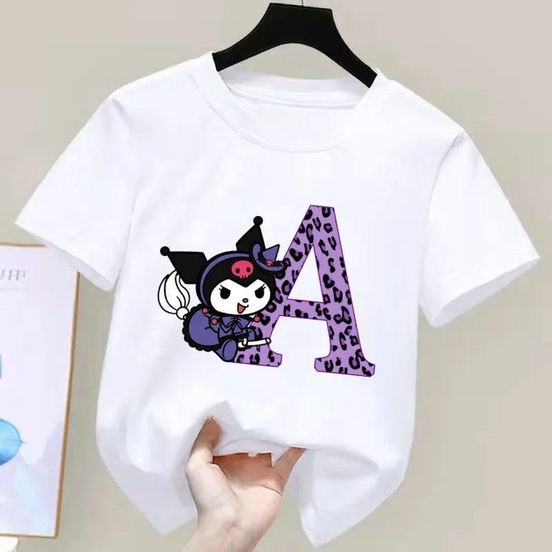 Kuromi Anime Letter A-Z Children's Short-sleeved New Sanrio Summer T-shirt Clothes Girly Heart Soft Clothes Kawaii Birthday Gift