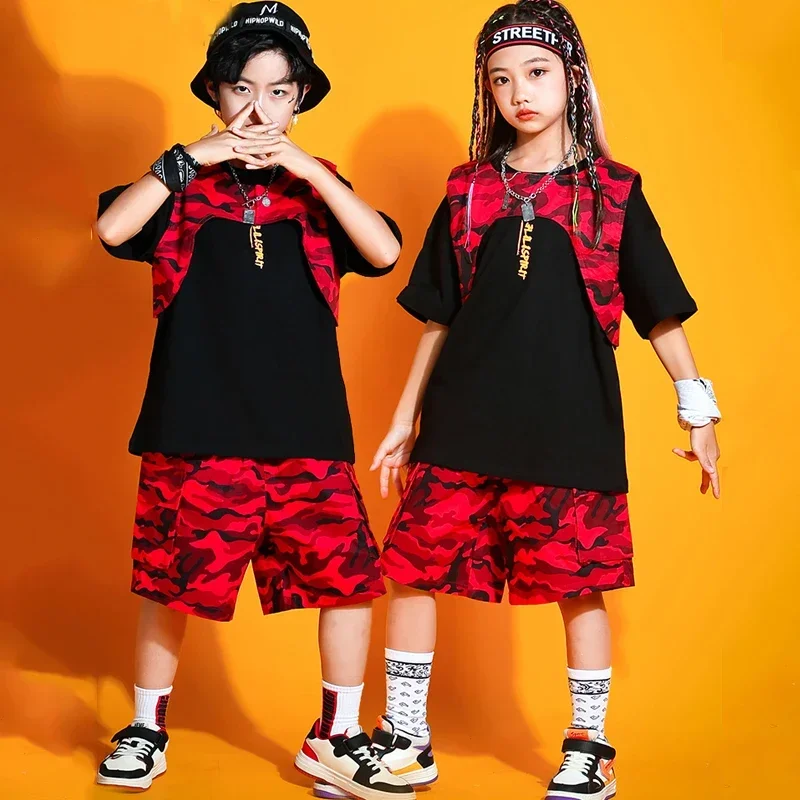 Children'S Jazz Dance Clothes Girls Red Camouflage Vest Shorts Kids Hip Hop Clothing Boys Street Dance Outfit Kpop Clothes 7008