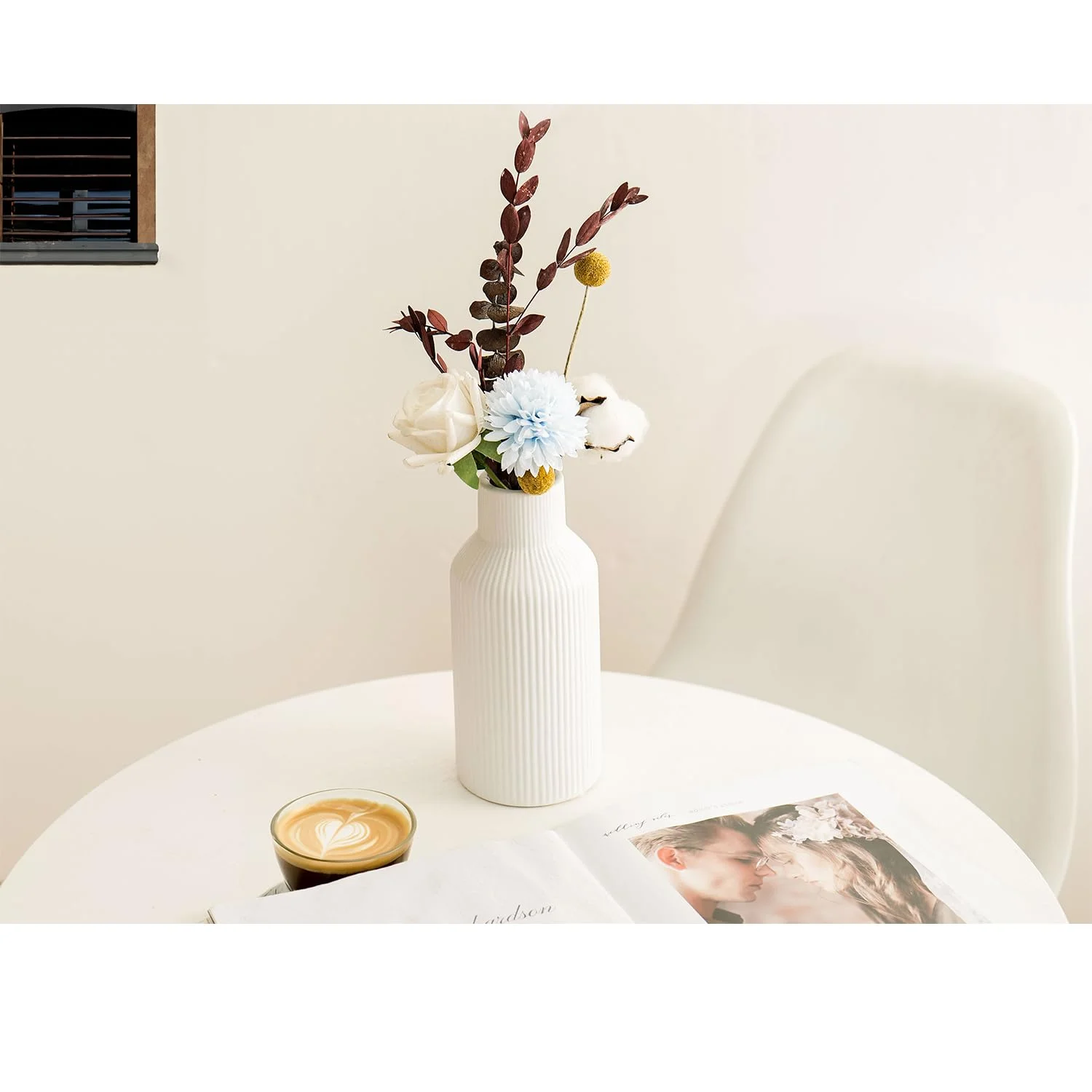 Vase, White Ceramic Vase Set of  -  Modern  Decor for Desk, Shelf, and Table - Aesthetic Flower  for Entryway, Mantle, and Books