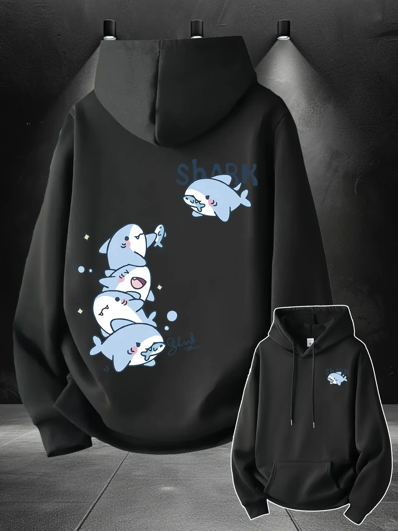 2026 Hoodie men's cute stacked cartoon shark pattern print autumn and winter loose casual pullover sweatshirt