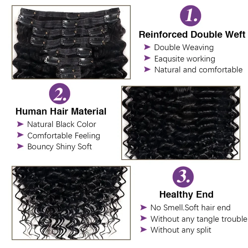 Clip in Hair Extensions, Deep Wave Real Human Hair