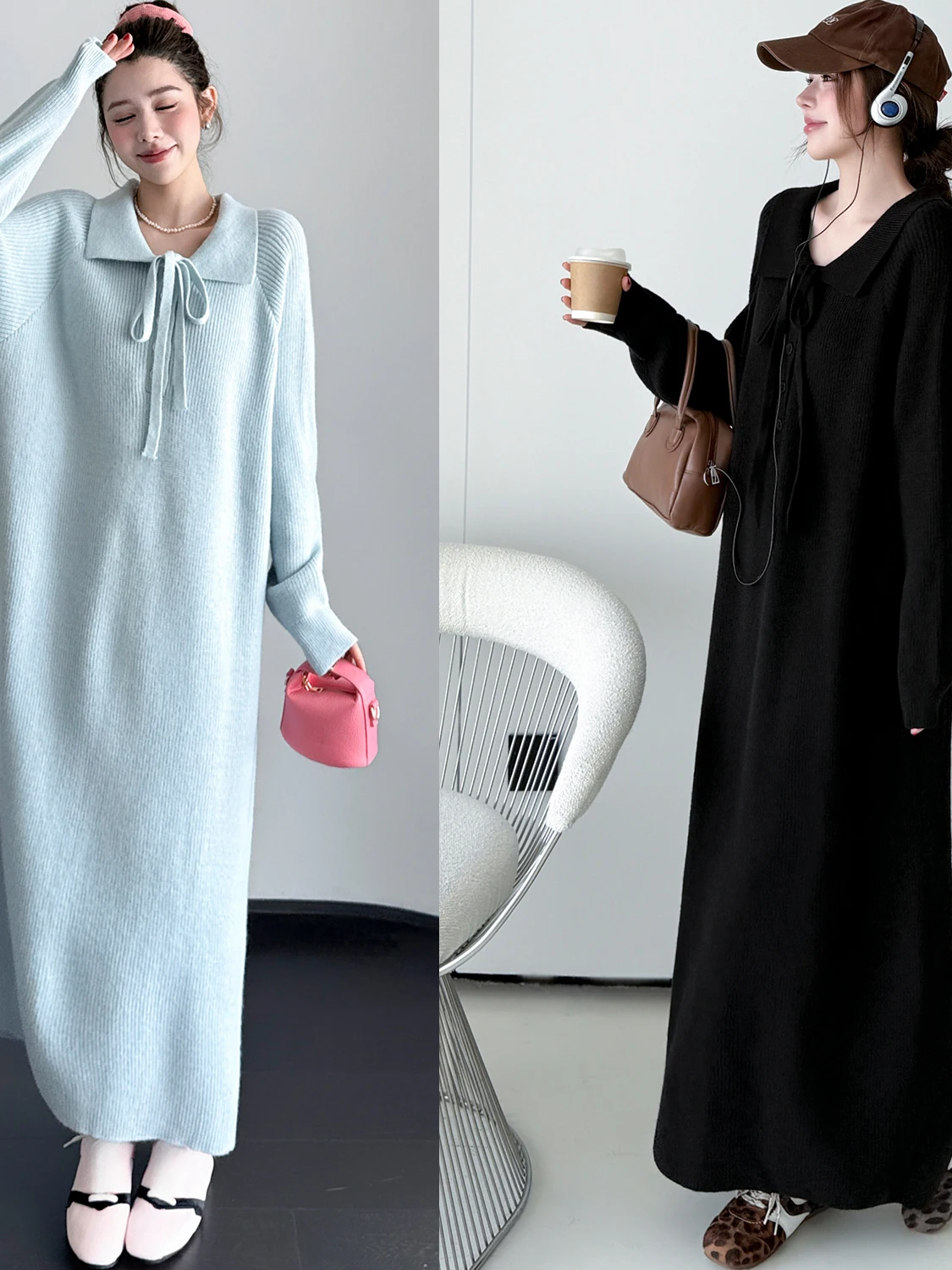 Winter Thick Warm Knitted Dress Casual Style  Collar Dress for Plump Women Comfortable Lazy Feeling A-Line Dress