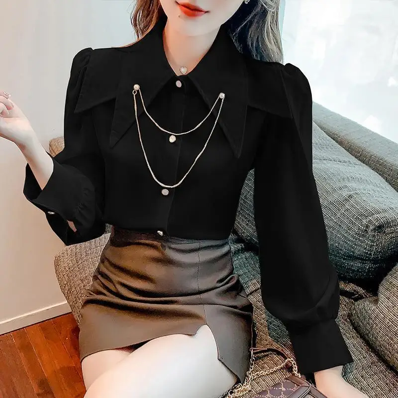 Women Spring Simplicity Loose Fashion chain Solid color Peter pan Collar Long sleeve Shirts women clothes Casual All-match tops