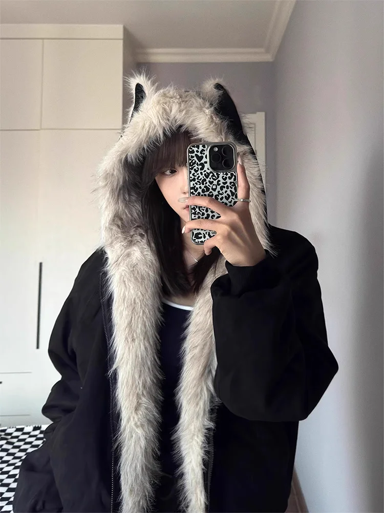 

Korean Sle Women's Thiened Fce Lined Hooded Cotton Jaet American Ears Mountain Eagle Design Autumn Winter Warm C...