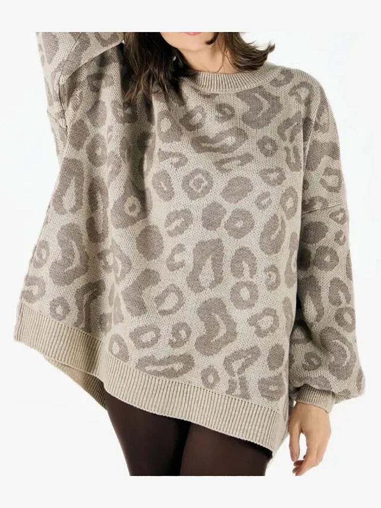 Leopardenmuster-Strickpullover, schicker Rundhals-Langarm-Pullover, lockerer Schnitt, Herbst 2026, neues lässiges Alltags- und Freizeit-Outfit für Damen – Detail 12