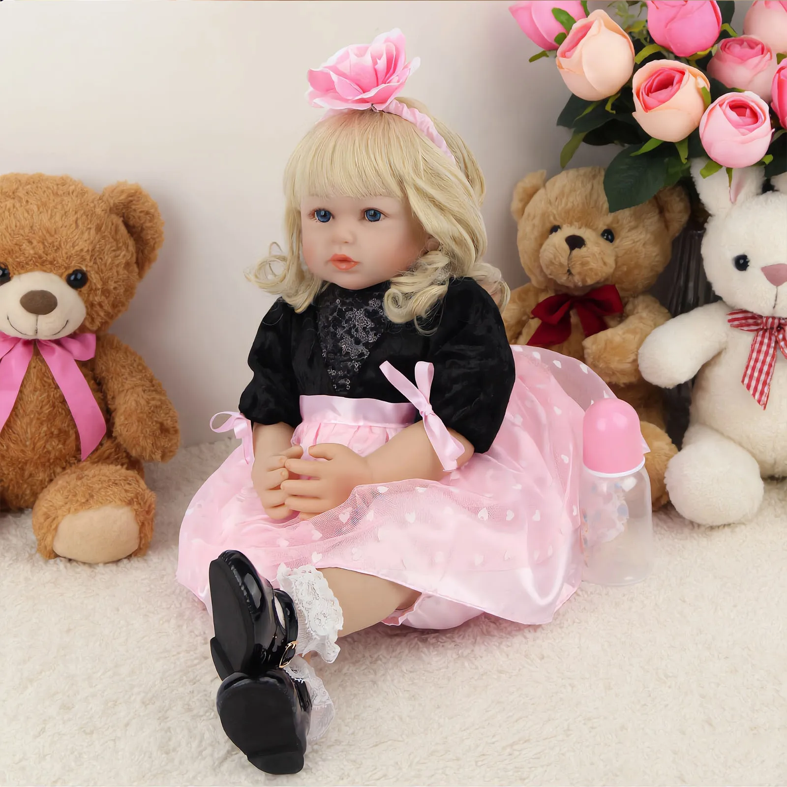 

Reborn Baby Dolls 22 Inch Girl, Realistic Newborn Baby Doll with Pink Heart Print Princess Outfit, Lifelike Soft Body Reborn Toddler Doll with Feeding Bottle, Perfect Gift for Kids, Collection & Role Play