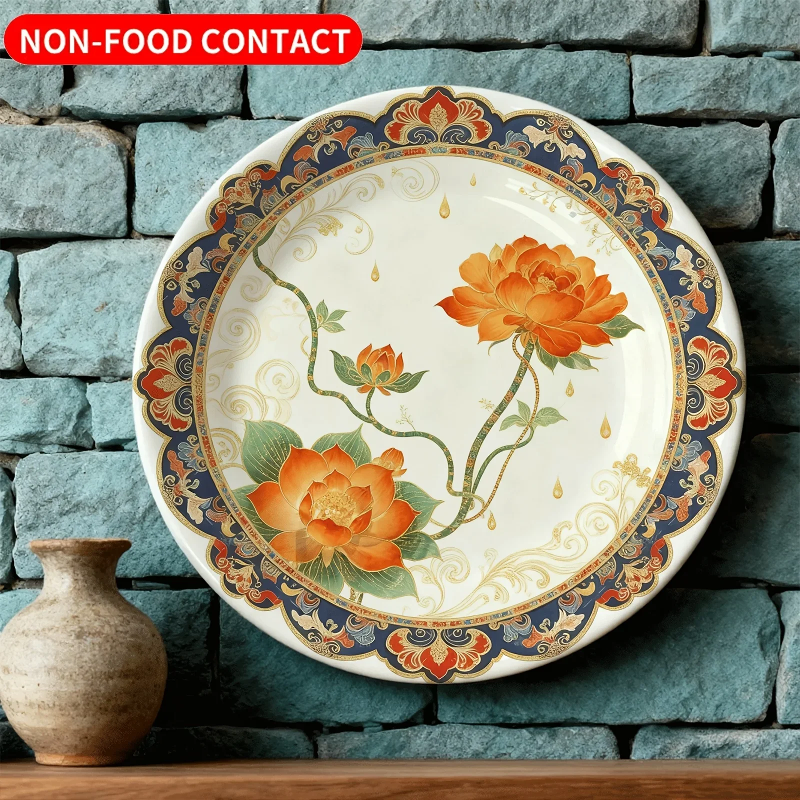 1pc Elegant Floral Ceramic Wall Art Plate - Non-Food Contact Decorative Dish with Orange & Red Floral Design, Golden Accents,