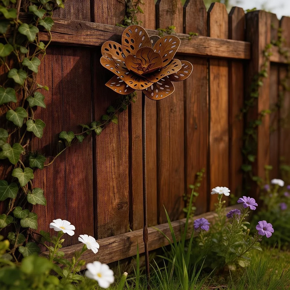 Outdoor Yard Decor Wrought Iron Garden Stake Sturdy Iron Construction Intricate Floral Cutouts Leaf Pattern Design