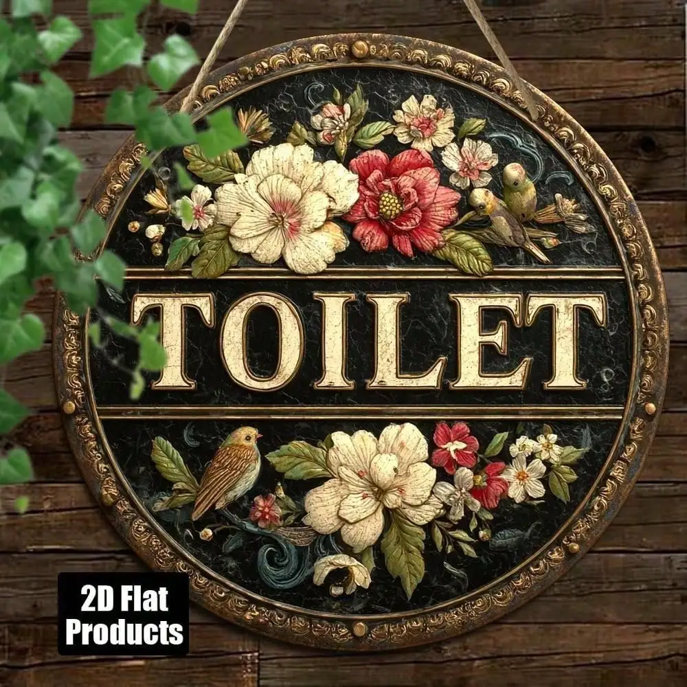 Handgefertigtes Vintage-Toilettenschild aus Holz mit floralen goldenen Buchstaben, Badezimmer-Wanddekoration, 20,3 x 20,3 cm