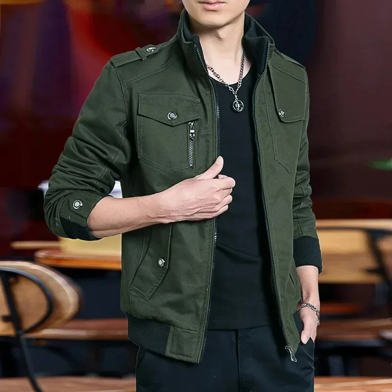 

Spring Men Jacket New Solid Color Multi Pocket Thin Korean Version Outdoor Leisure Sports Slim Fit Top Men Standing Collar Coat