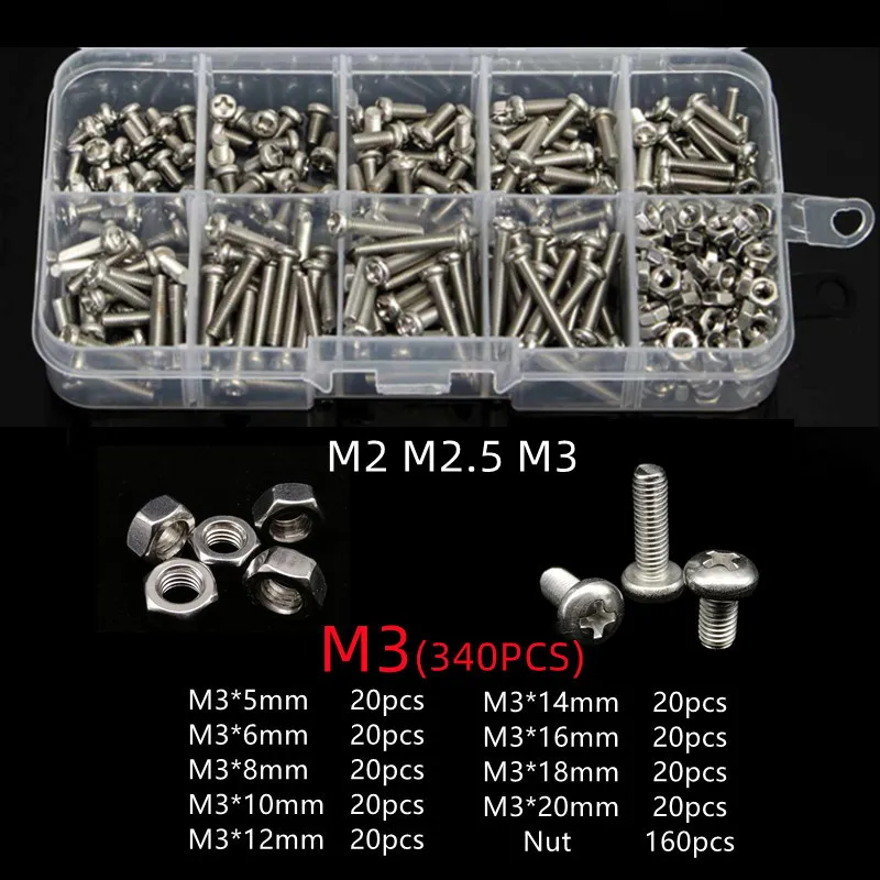 

340pcs/lot M2 M2.5 M3 304 Stainless Steel Phillips Screws Cross Recessed Pan Head Screw Bolts Nut Set Fastener Assortment Kit