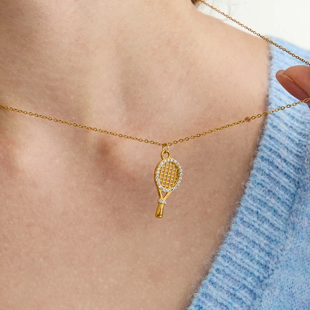 Uworld Sports Leisure White Zircon Tennis Racket Pendant Necklace Stainless Steel Gold Color Necklace Women's Jewelry