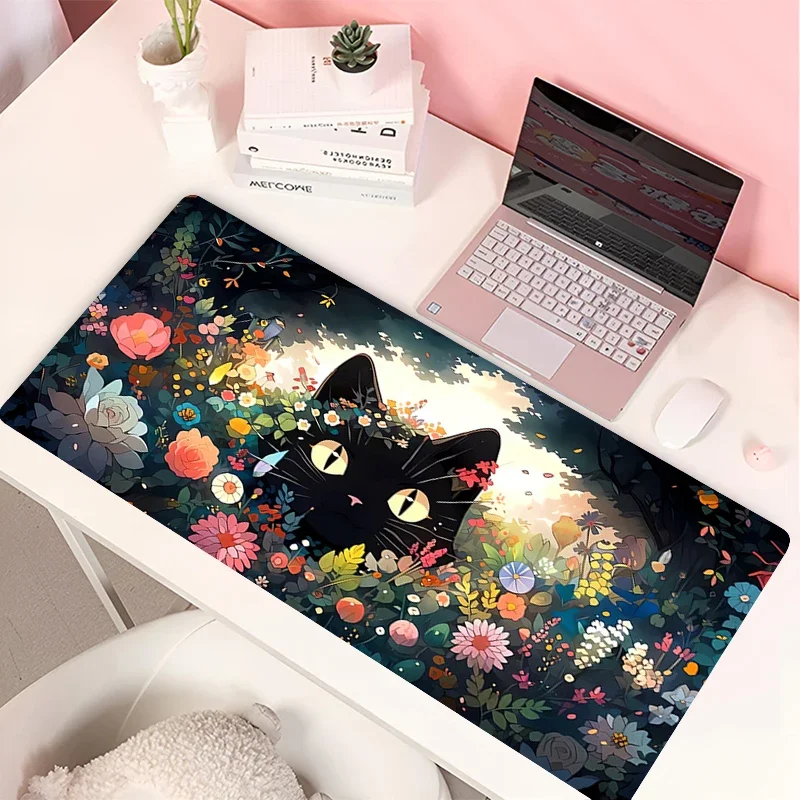 Clouds Black Cat Mouse Pad PC Green Plants Flower Gaming Keyboard Rug Laptop Kawaii Anime Gamer Cabint Mousepad XL Cute Desk Mat