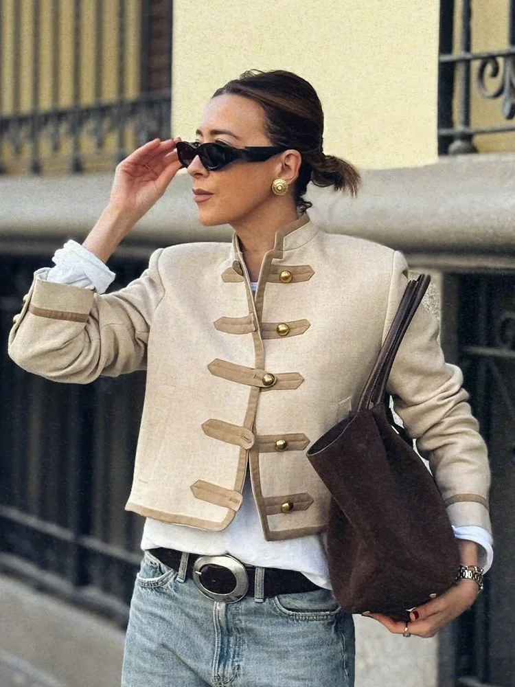 

HH Women Fashion Versatile Solid Stand Collar Shoulder Padded Rope Knot Jacket Female Casual Single-breasted Pockets Coat Mujer