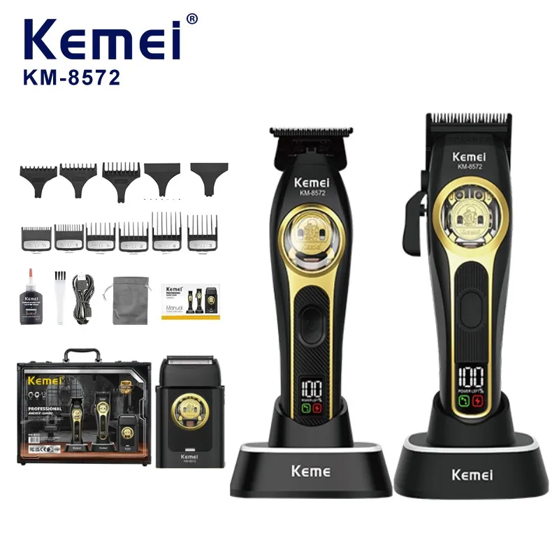 Kemei KM-8572 Combo Profesional de Barbería 3 en 1, Caja de Plástico de Lujo, Cortadora de Pelo con Base de Carga, Afeitadora OEM