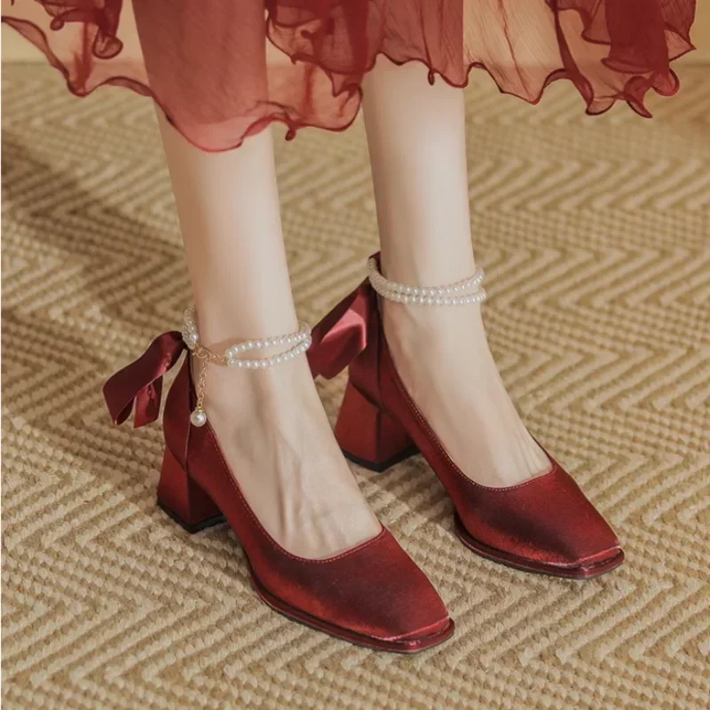 2024 New Women High Heels Mary Jane Comfort Shoes Party Wedding White Red Ruffles Bow Princess Lolita Pumps Size