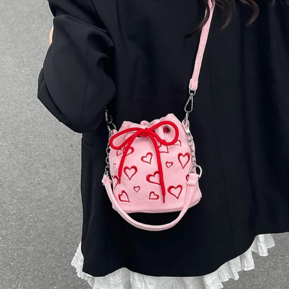 

INS Corduroy Bucket Bags Large Capacity Knitted Texture Drawstring Crossbody Bag Pleated Design Adjustable Straps