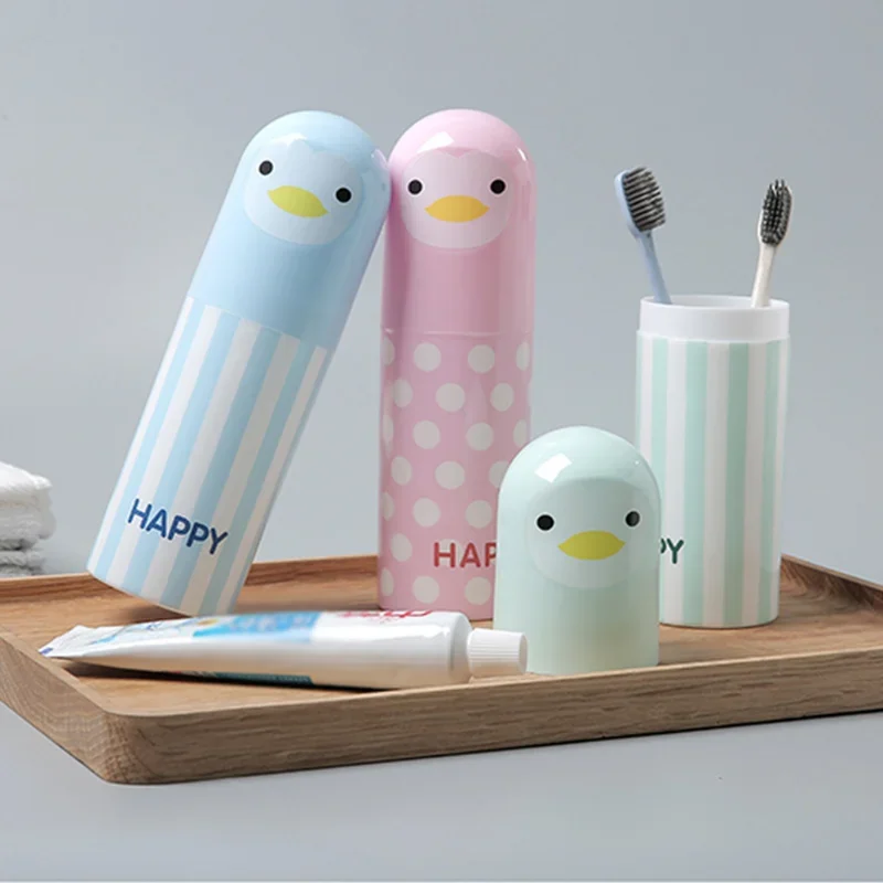 1pc Cute Penguin Plastic Cartoon Toothbrush Box Portable Travel Toothbrush Holder Sanitary Ware Suit Toothpaste Storage Box