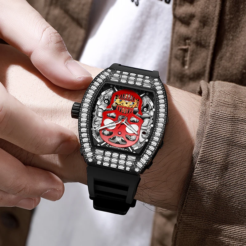 Dulunwe Barrel-Shaped Men'S Mechanical Watch Domineering Watch Male Student Trend Large Dial Skull Design Automatic Watch