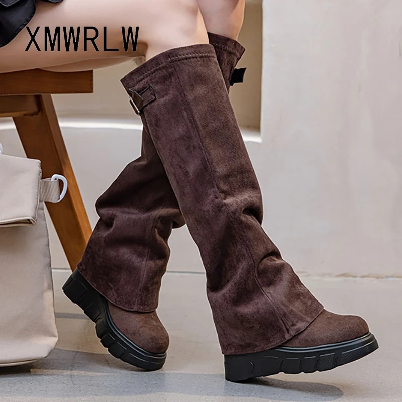 

XMWRLW 2025 Autumn Winter Women Knee High Boots Fashion High Heels 10cm Female Wedges Shoes Women Warm Plush Winter Boots Shoes