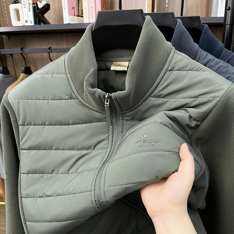 Light Luxury Brand Men stand collar cotton jacket fashion splicing new letter embossed top winter warm comfort solid color coat
