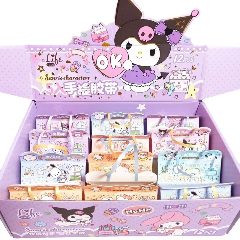 12pcs Sanrio Family Kuromi Melody Cinnamoroll Kitty Mini Sticker Tape Diy Ledger Wholesale Of Student Home Stationery Sets