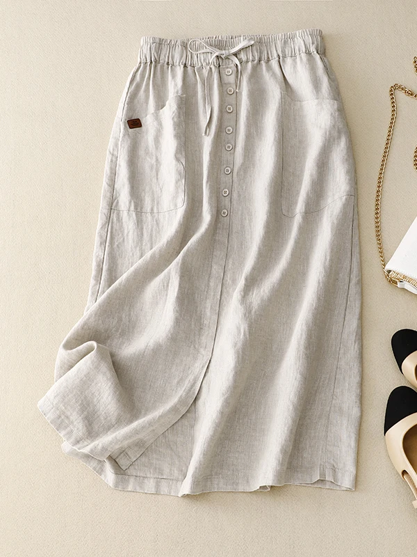 Cotton Linen Asymmetrical Skirt Women's Summer Casual Design Belted Single Button Split A-Line Linen Skirt Korean Style