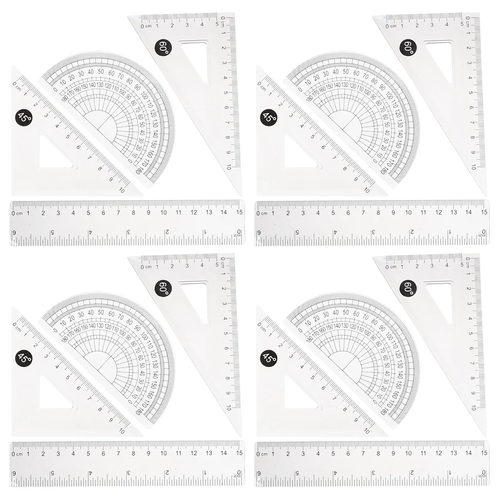 4 Sets 15cm Transparent Ruler Kit Students Drawing Measuring Set Triangle Protractor School Supplies Portable