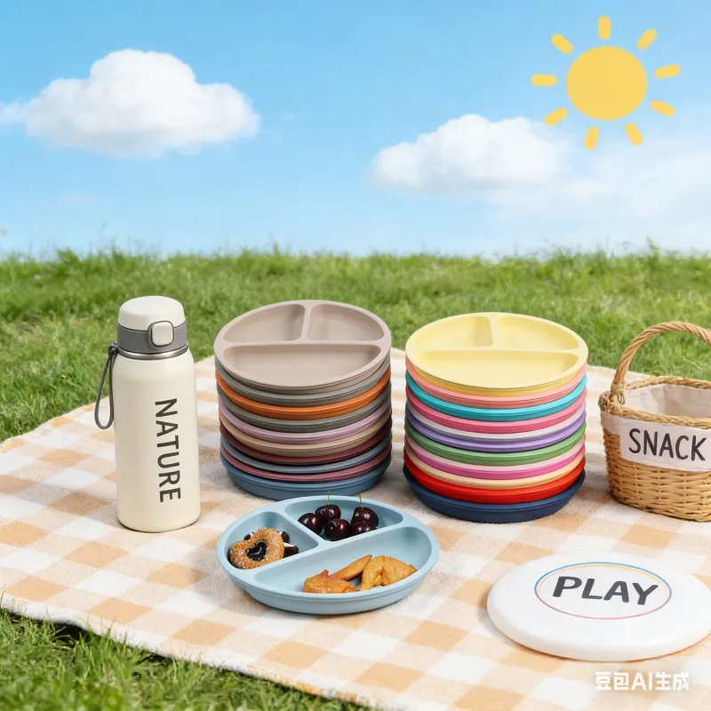 

3 Section Suction Plate with Divider Baby Silicone Feeding Set Toddler Mealtime Bowls and Spoons Dishwasher Safe Non Slip