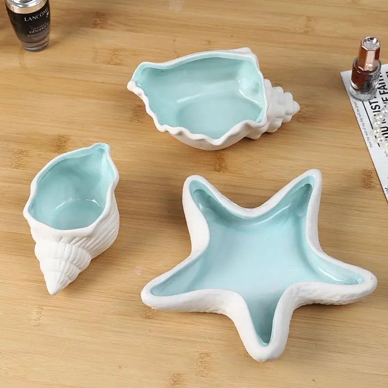 1Pcs Ceramic Jewelry Tray Conch Starfish Shape Shell Trinket Dish Ceramic Ring Earring Holder Ocean-themed Decorative