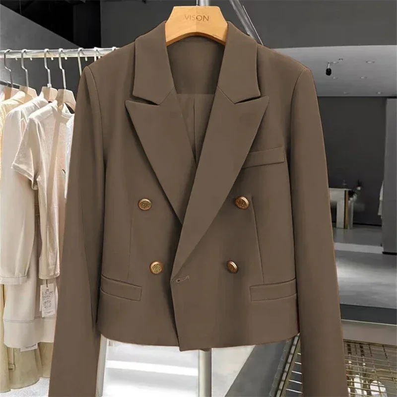 Women's Short Suit Jacket  Autumn 2025 Female Casual Suit Double-breasted Office Lady Solid Coffee Turndown Collar Blazers Women