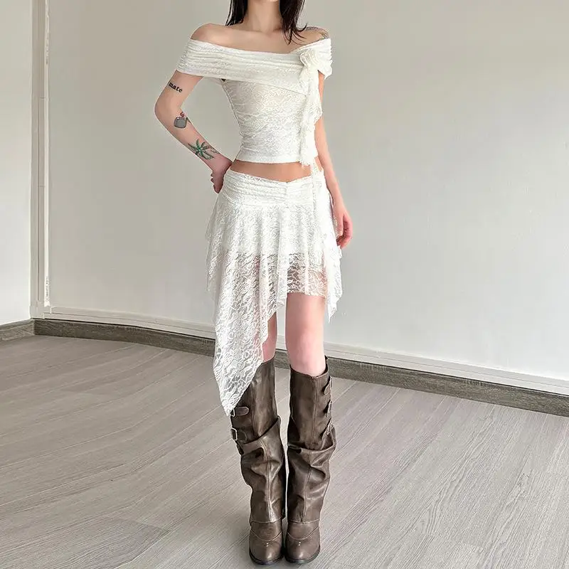 Summer 2025 Cross-Border Sle Women's Floral Decorated Lace Single oulder Top Asymmetrical  Skirt European Sle Vest