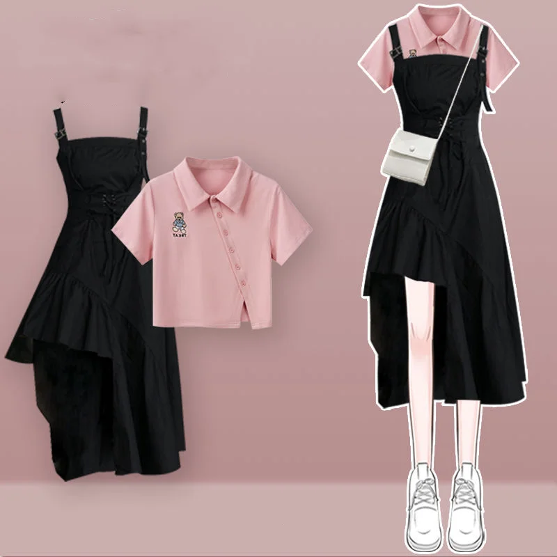 

Summer Single/Outfits Women's 2023 New Style Wear Age Reducing Short Sleeve T-shirt Slim Versatile Strap Dress Two Piece Set