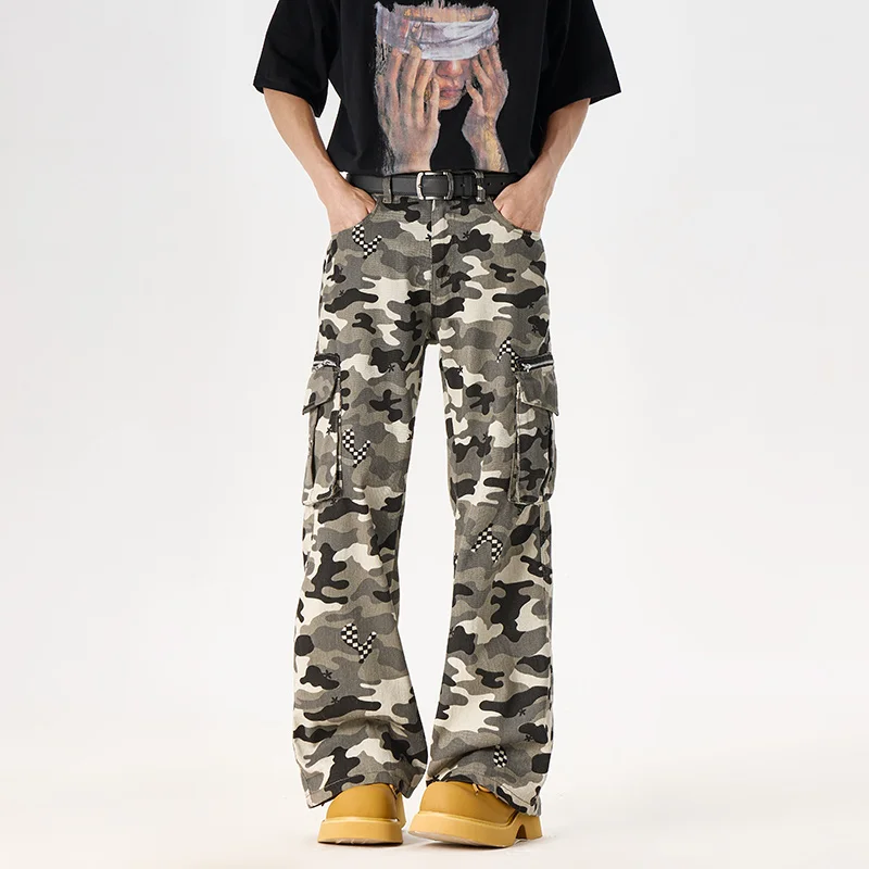

Мужские джинсы прямого кроя, облегающие, в американском винтажном стиле, с камуфляжным принтом, модные уличные джинсовые брюки-карго