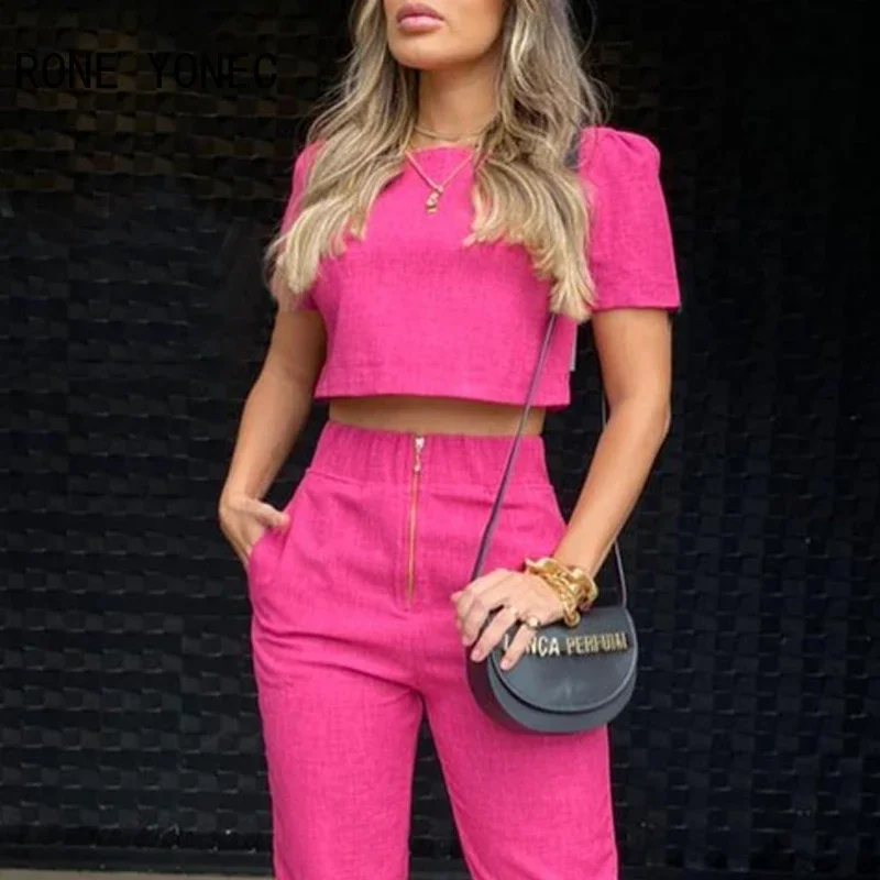 Women Puff Sleeve Crop Top & Zip Front Pocket Design Pants Set Women Summer Vacation Suit