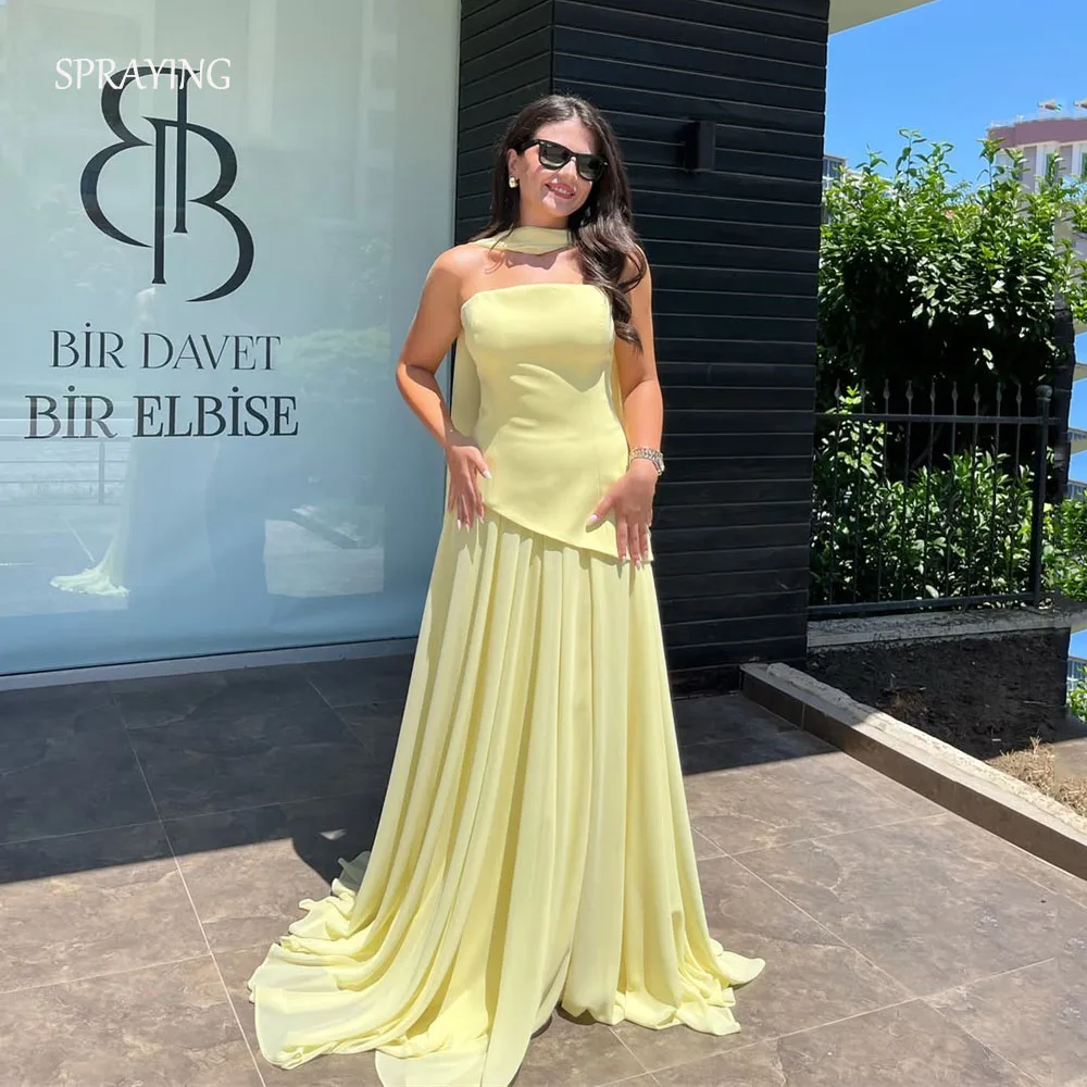 

SPRAYING Elegant Yellow Chiffon Evening Dress Strapless Sleeveless Dubai Arab Party Dress A line Long Event Dress Customized