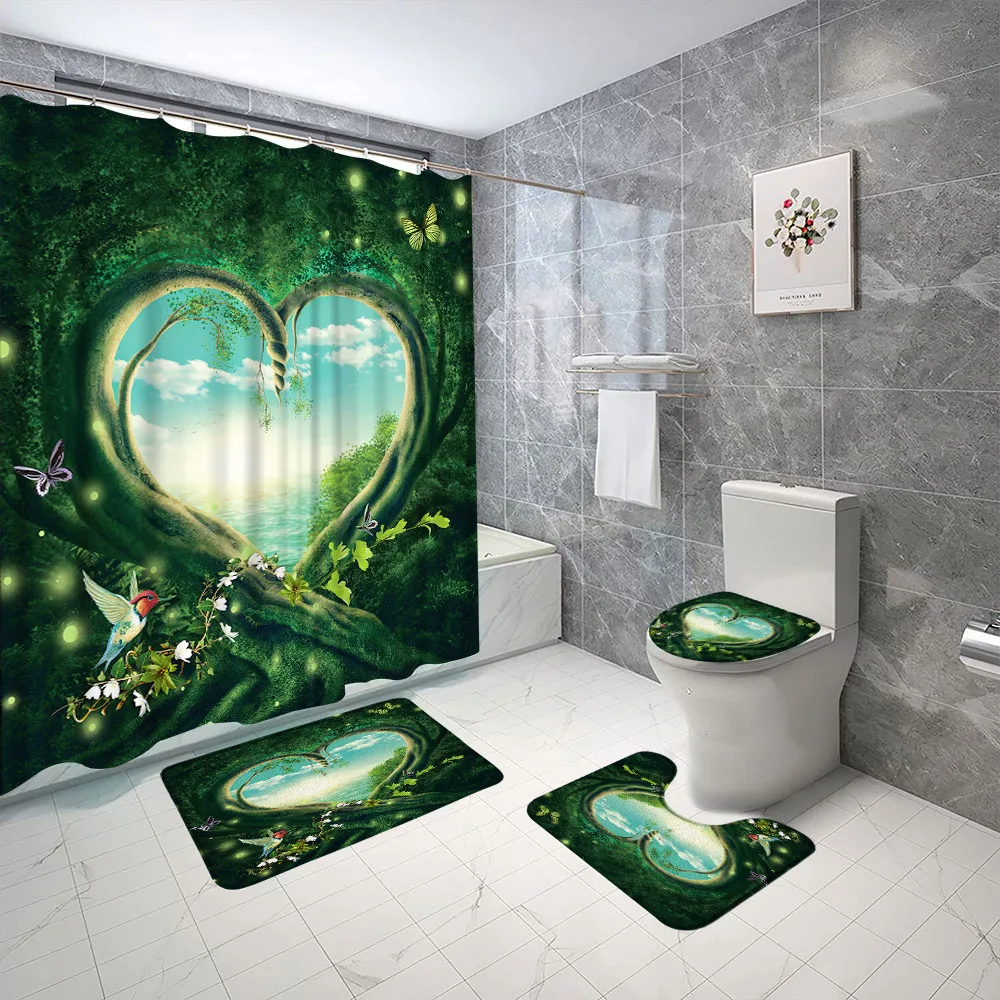 Rainforest Shower Curtain Set Forests Landscapes Spring Fabric Decor Bathroom Curtain Anti Slip Bath Mat Toilet Lid Toilet Lid