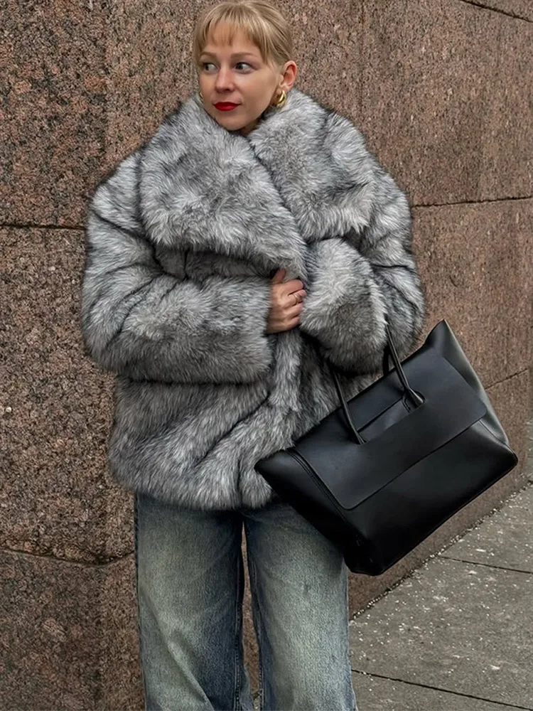 Damski płaszcz ze sztucznego futra, ciepły, luźny, z długim rękawem, klapy, otwarty, gruby, jesienno-zimowy, nowy model 2025.