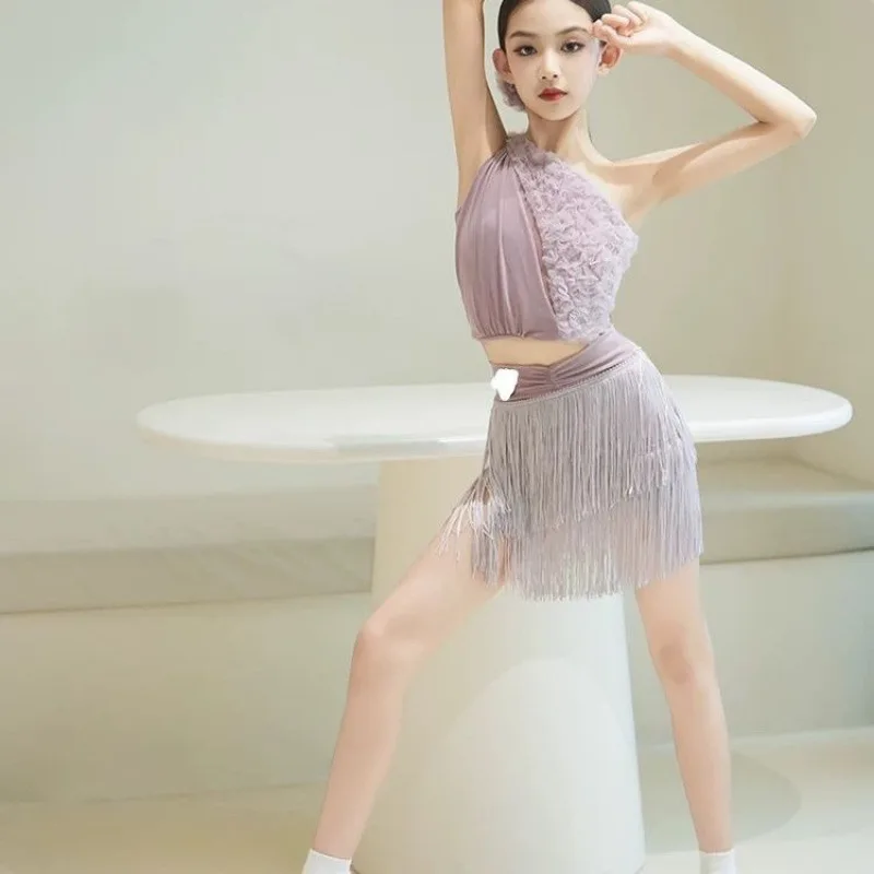 Nouveaux costumes de performance haut de gamme à pièces fendues pour filles dans la danse latine, costumes de performance d'entraînement d'été pour enfants