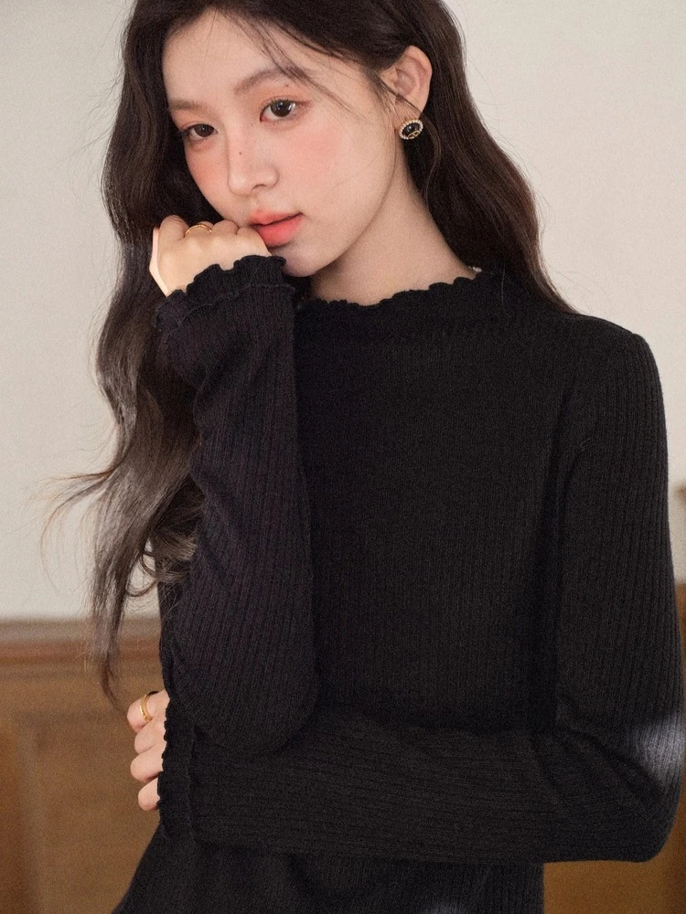 ALXNAN حجم كبير قميص أسود الياقة المدورة كشكش المرقعة المرأة بلوفر مغزول تنوعا عادية بأكمام طويلة D58150-1