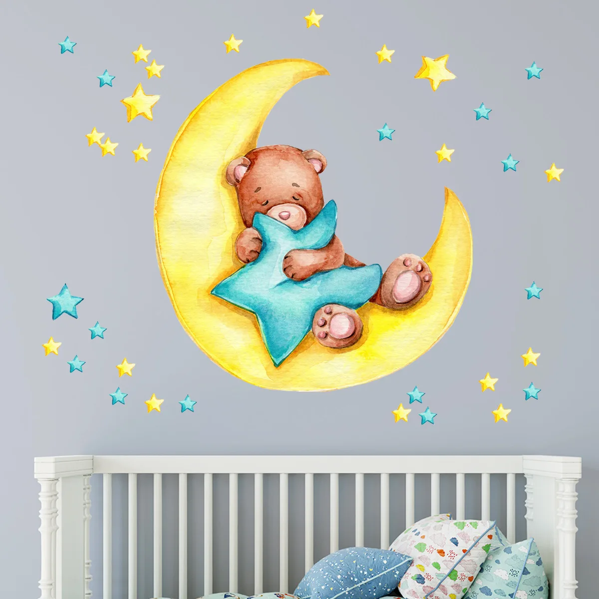 Bear Moon Star Cartoon Wall Paste Bedroom Children Room Background Wall Decoration Stickers Kawaii Cartoon Animal Wallpaper