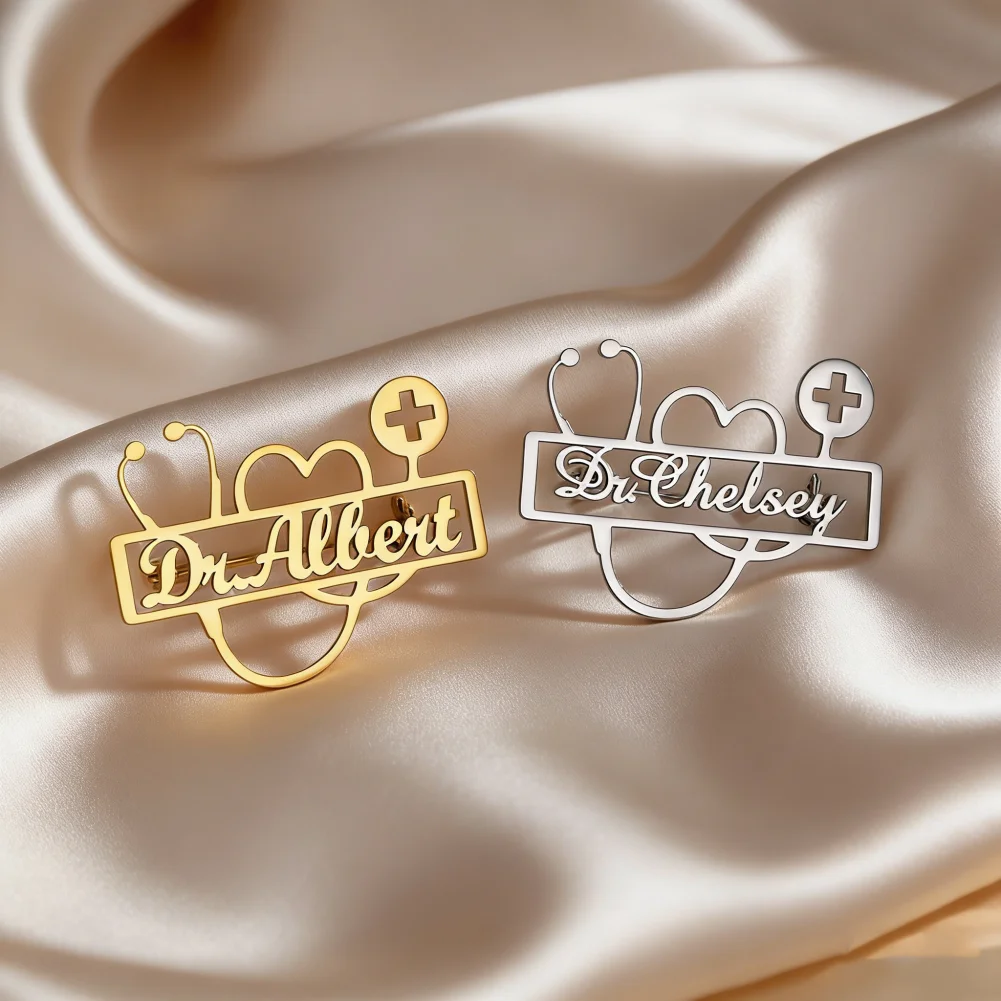 Custom Name Stethoscope Lapel Pin Medical Personalised Stainless Steel Doctor Nurse Pin Jewelry Gifts
