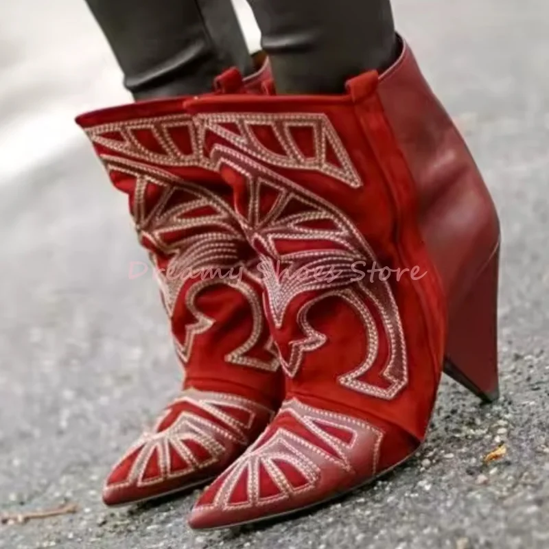 الأحمر التطريز أسافين وأشار حذاء من الجلد النساء جلد أسود الانزلاق على الأحذية القصيرة الغربية موضة ريترو أحذية ربيع الخريف الطرف