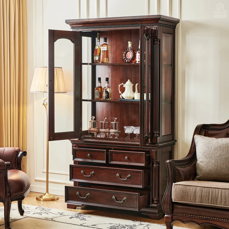 American Style High Low Eco-Friendly Wine Cabinet 24 Stemware Capacity Solid Wood Golden Silk Home Furniture Living Room