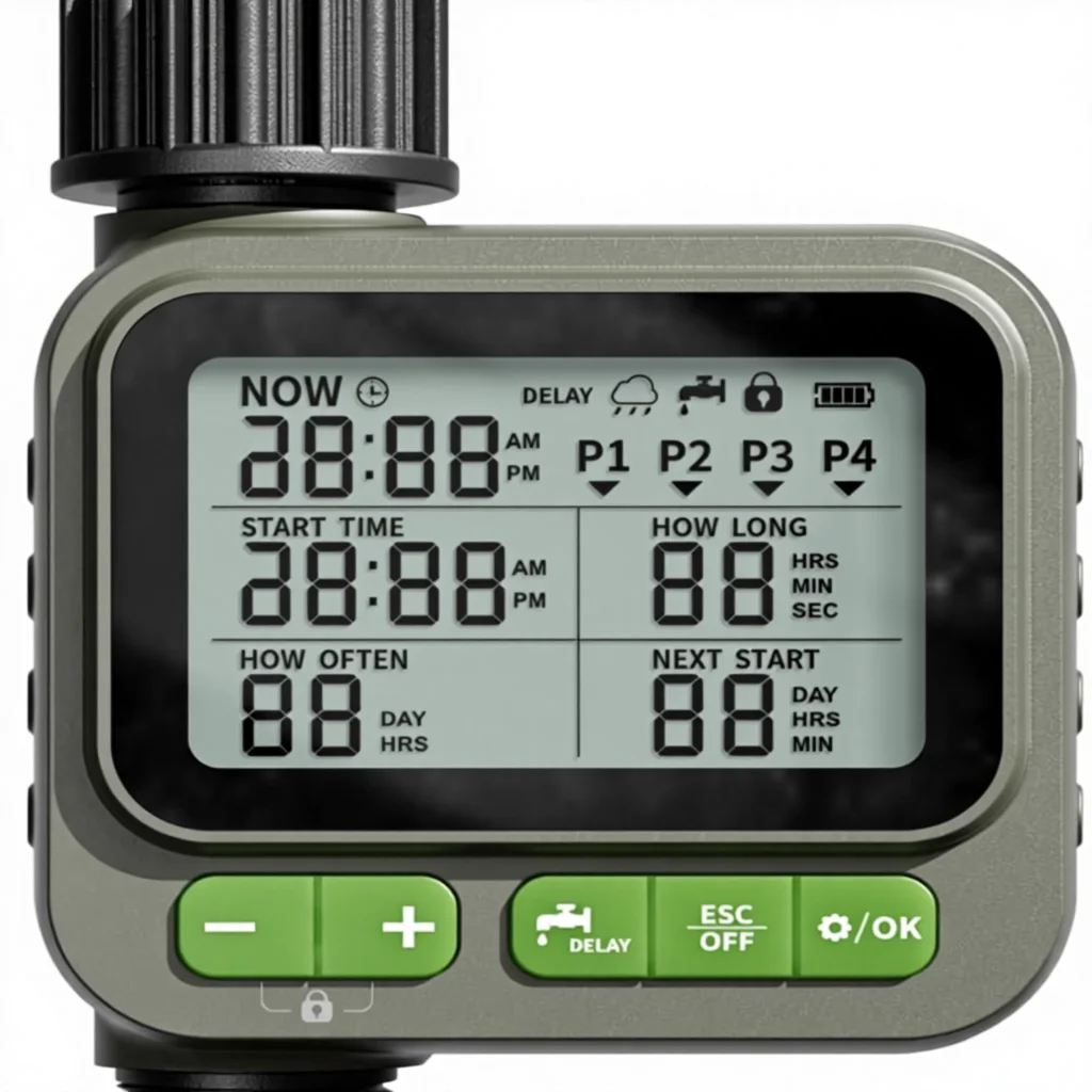 Sprinkler Timer WD-01 4 Customizable Programs IP65 Waterproof ABS Auto Rain Delay Manual Mode Child Lock Watering