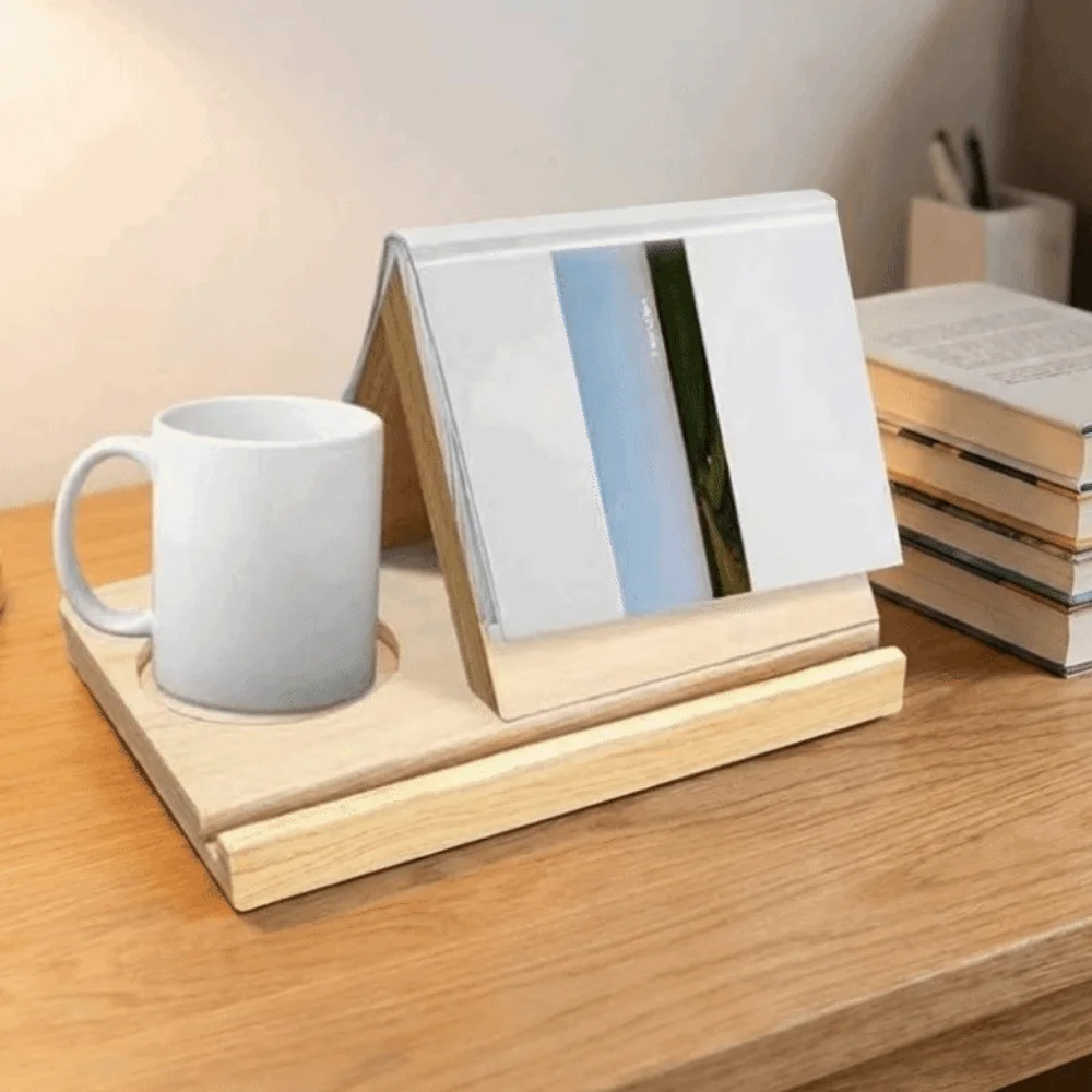 2 in 1 Triangle Wooden Book Holder Sturdy Simple Reading Stand with Cup Holder Decorative Freestanding Book Holder Sofa