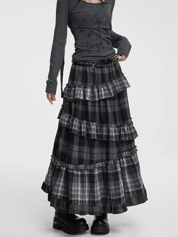 Y2k Harajuku Vintage Lange Röcke Kariert Rüschen Patchwork Lässig Lockerer Rock Punk Gothic Streetwear All-Match Damenbekleidung