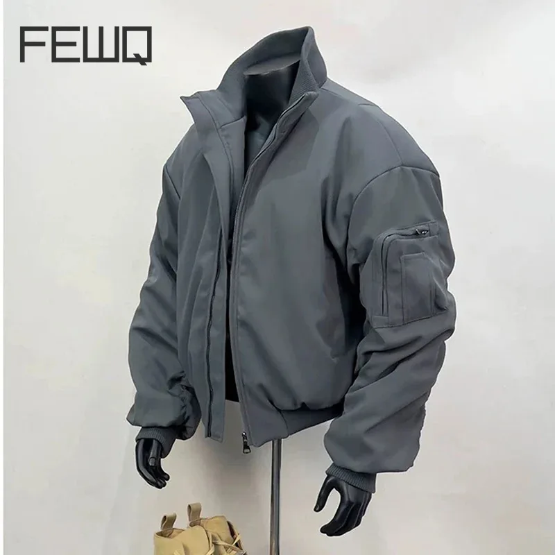 FEWQ Short Waterproof Cotton Padded Jacket Thick Stand Up Collar Loose Cotton 2024 Solid Color Long Sleeve Male Tops 24E5272